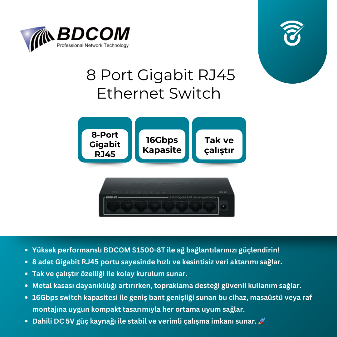 BDCOM 8 Port Gigabit RJ45 Ethernet Switch S1500-8T