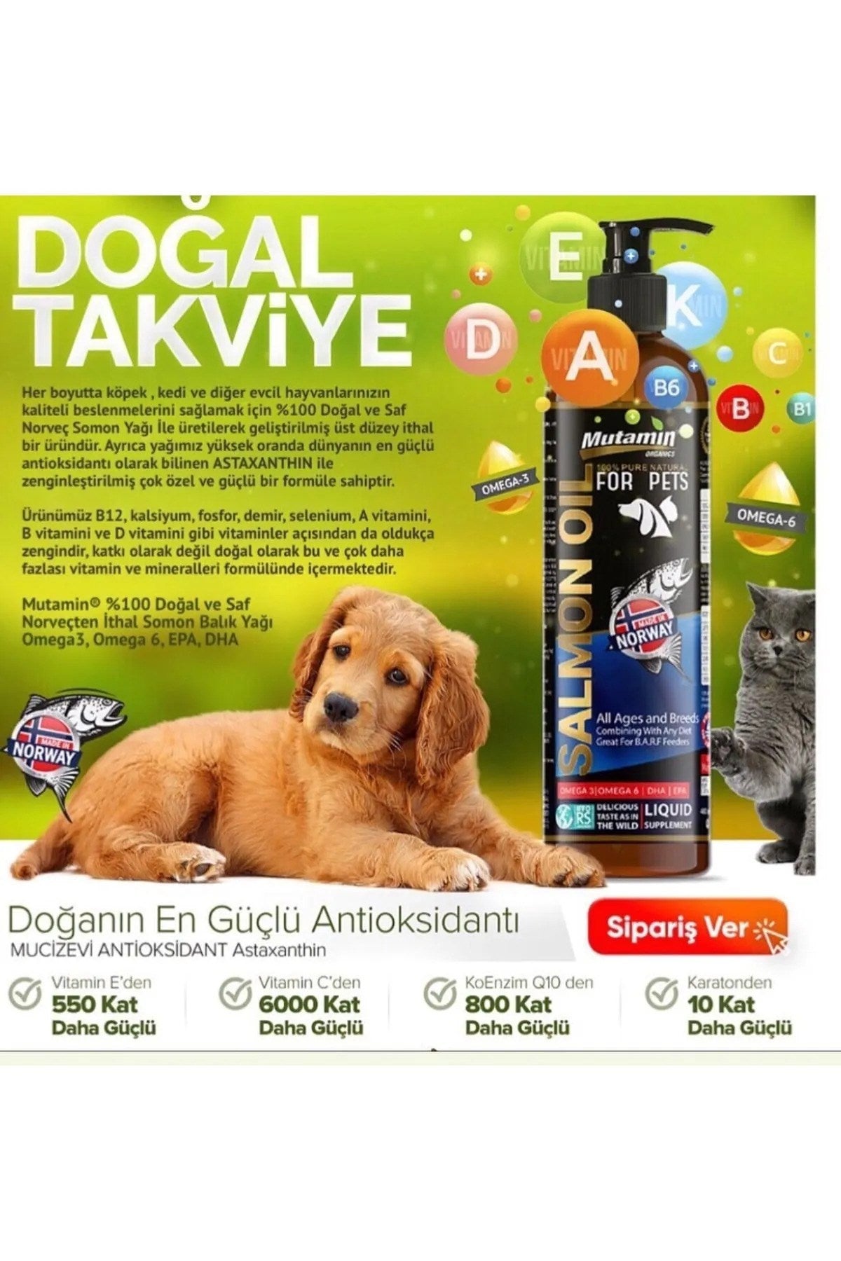 Kedi Ve Köpekler İçin Norveç Somon Balık Yağı 550 ML