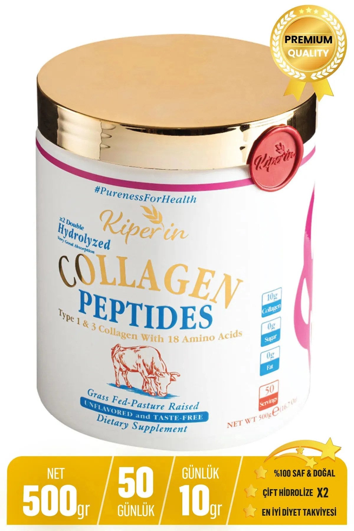 Kiperin Collagen %100 Saf Ve Doğal Yüksek Biyoaktif Çift Hidrolize Kolajen Peptitler içeren Diyet Ta