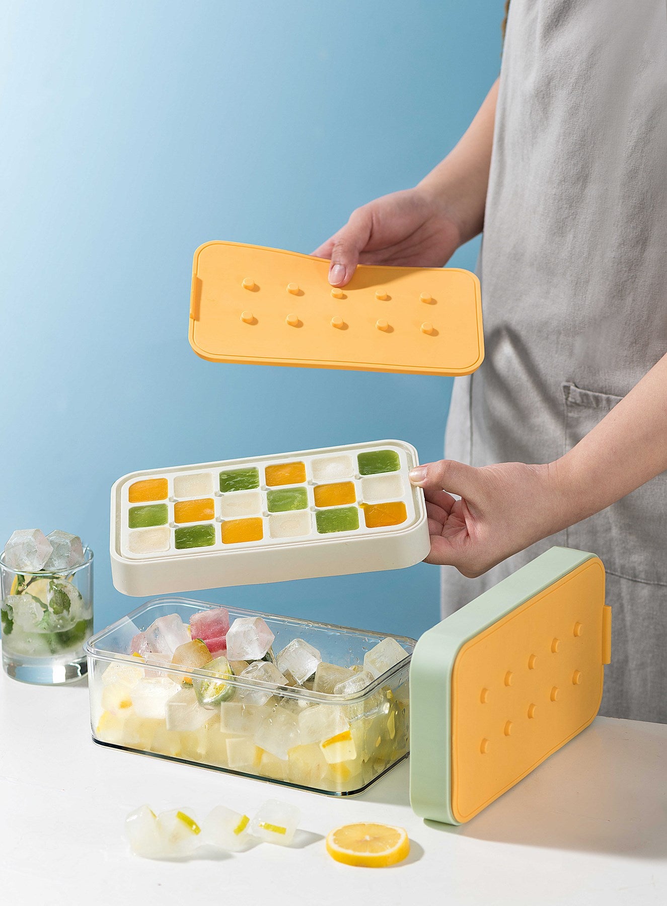 Yeni Nesil Çift Katlı Buz Kalıbı – Kapaklı Saklama Kutulu, Basmalı Sistem