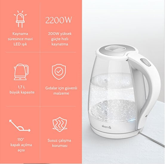 Mavi Işıklı Cam Kettle & Su Isıtıcı 1,7 lt